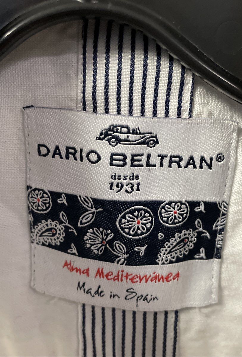 Dario Beltran Men's White Long Sleeve Button Up Shirt Navy Striped Shoulder Sz L