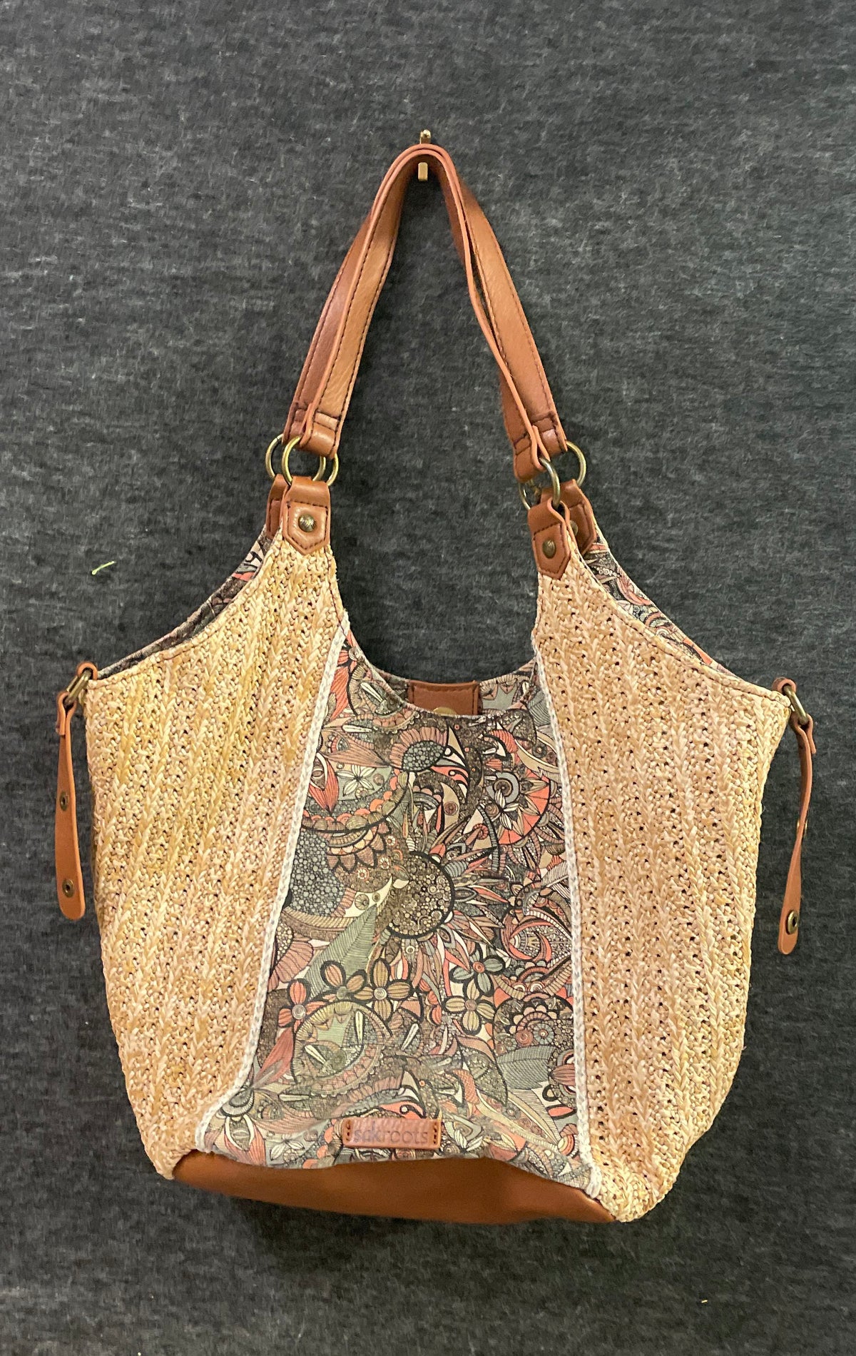 Sakroots Woven Straw Canvas Floral Boho Hobo Bag Tan Leather Trim