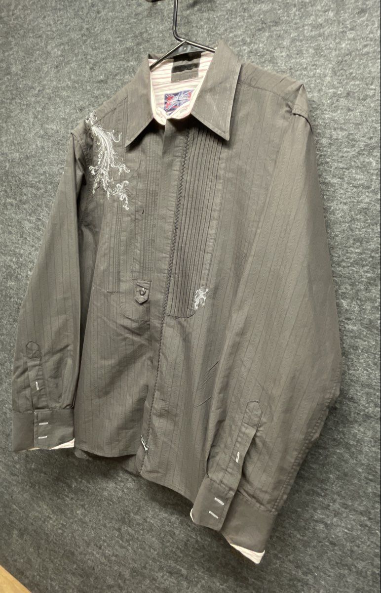 English Laundry Men's Gray Embroidered Paisley Pleated Bib Button Up Shirt XL