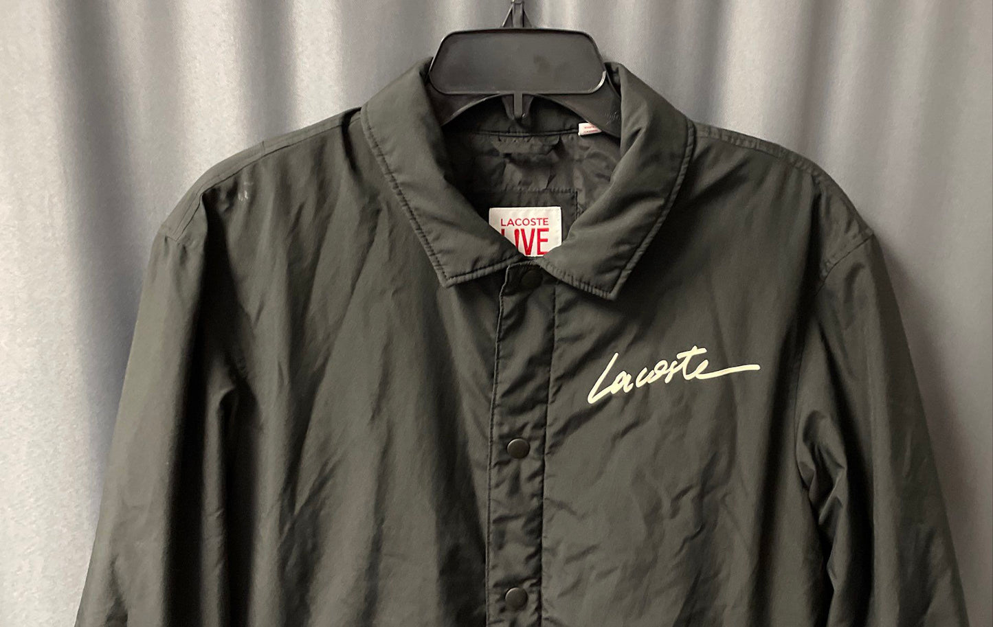 Lacoste Live Men's Black Script Logo Coach Jacket Snap Button Drawstring Sz S