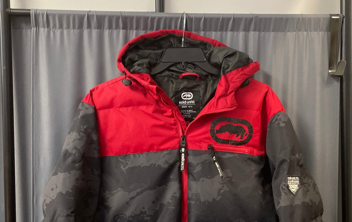 Ecko Unltd Men's Hooded Parka Jacket Red Black Urban Camo Insulated Puffer Sz L