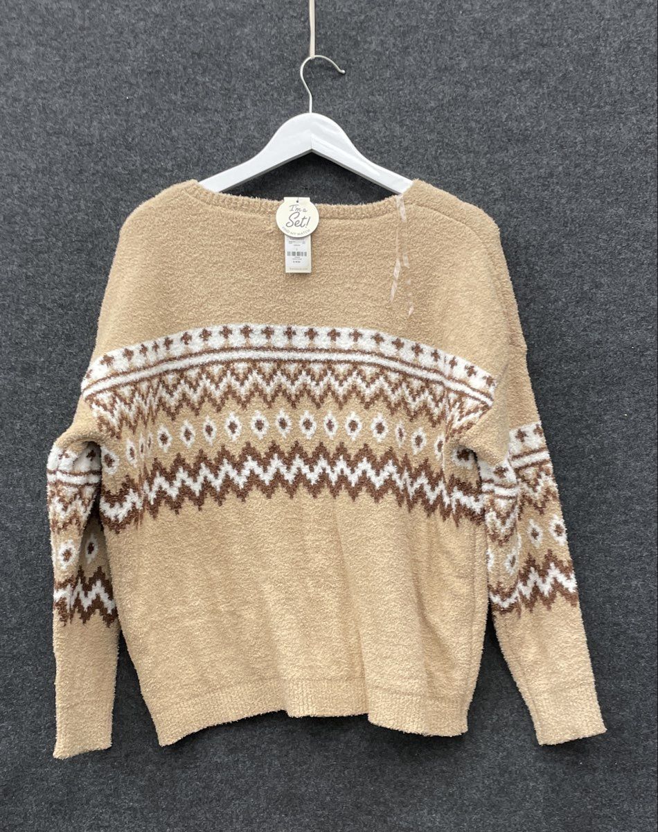 Francesca's Women's Taupe Beige Fair Isle Fuzzy V-Neck Sweater NWT Size L