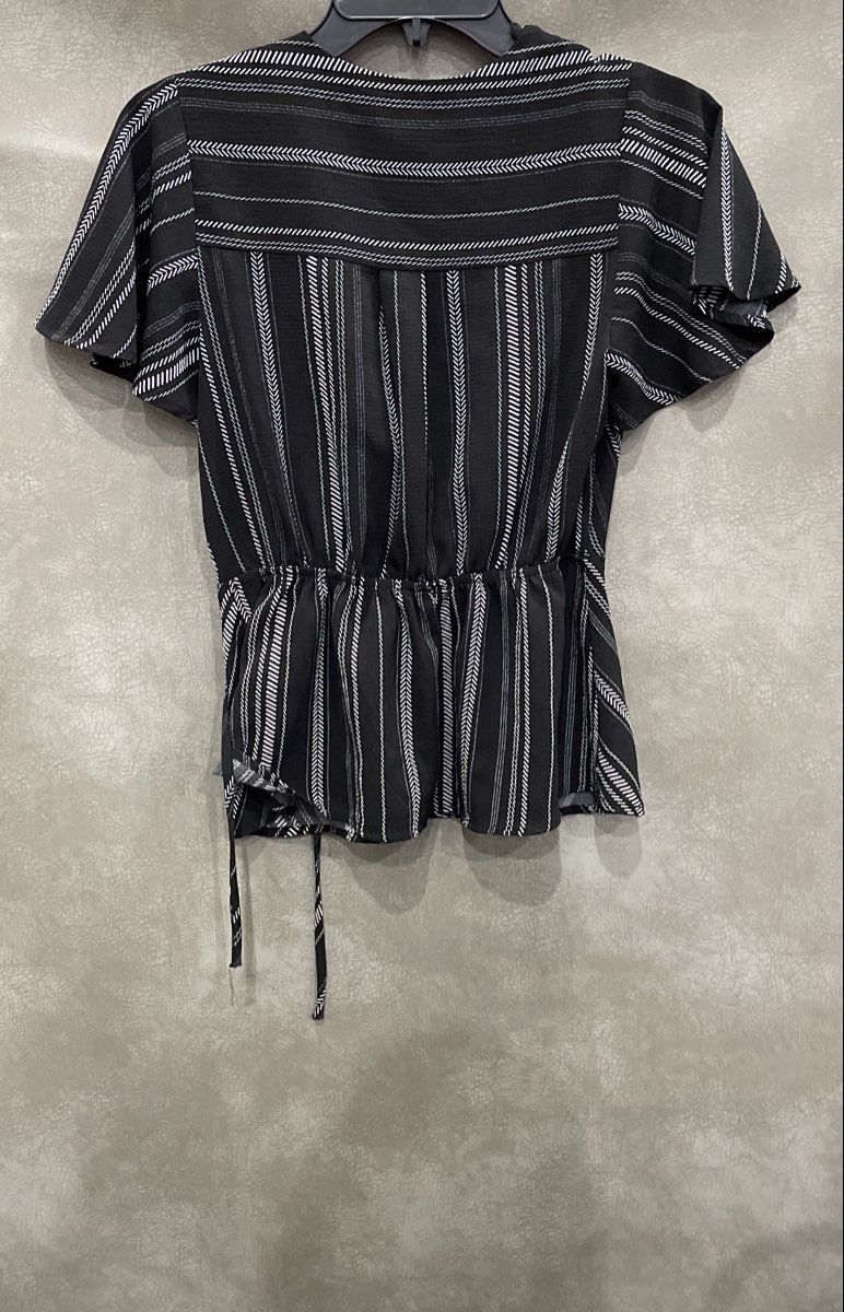 Monteau Women's Black White Striped Wrap Peplum Blouse Flutter Sleeve Sz S