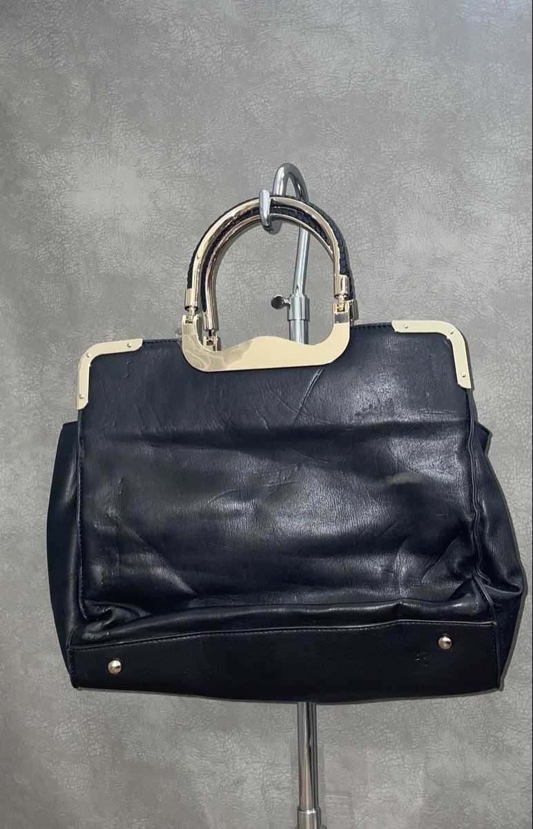 Black Faux Leather Braided Top Handle Satchel Tote Bag Gold Hardware Large