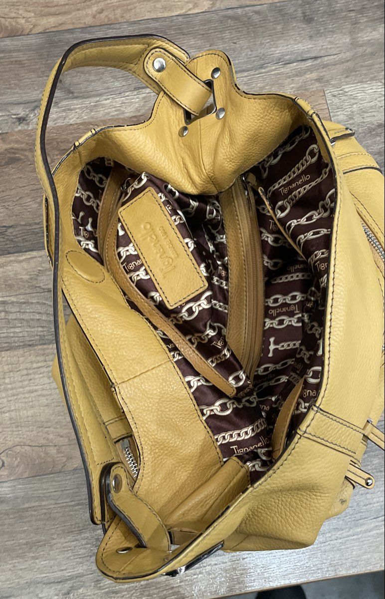 Tignanello Yellow Pebbled Leather SoHo Hobo Shoulder Bag Silver Hardware