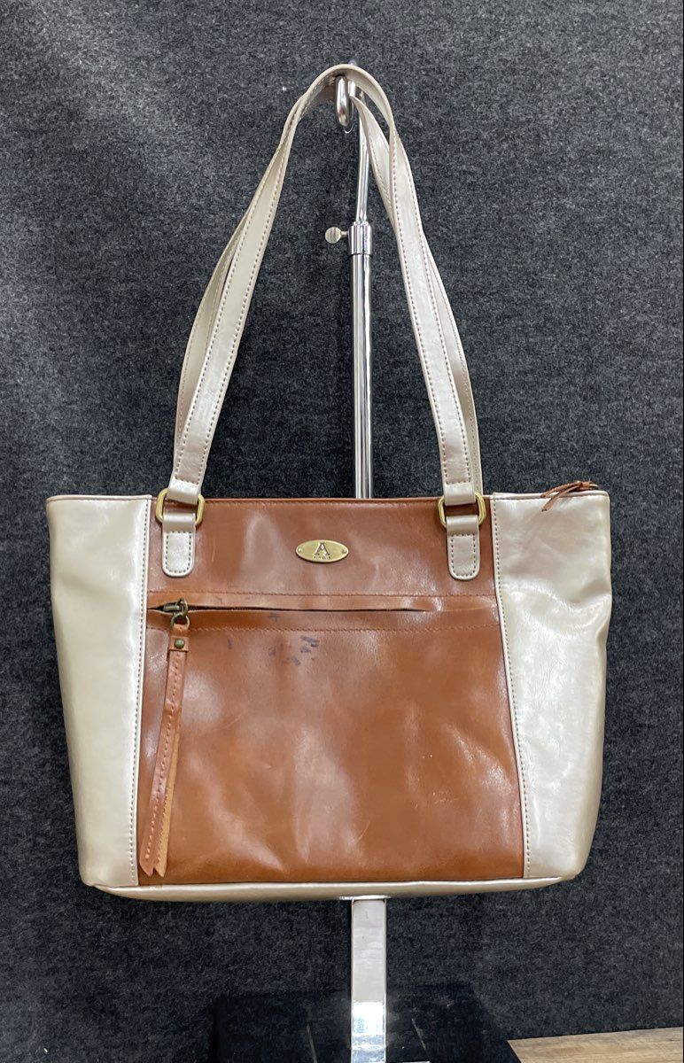 Aurielle Brown & Metallic Silver Leather Shoulder Bag Tote Front Zip Pocket