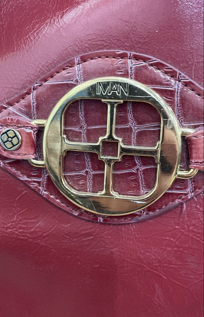 IMAN Red Faux Croc Trim Briefcase Laptop Bag 19" Gold Hardware
