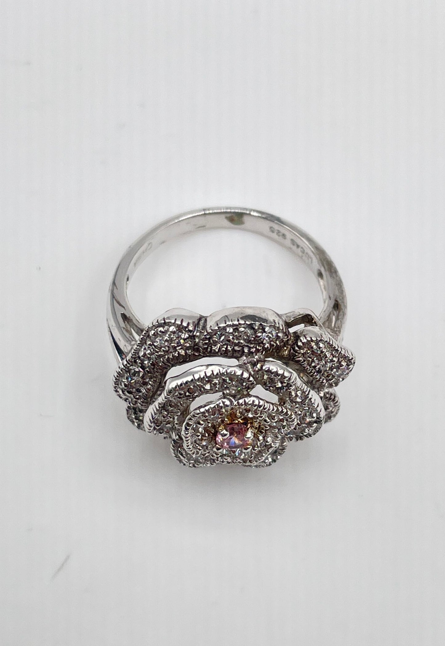 Lucas Lameth 925 Sterling Silver Clear & Pink CZ Flower Ring 7.3g