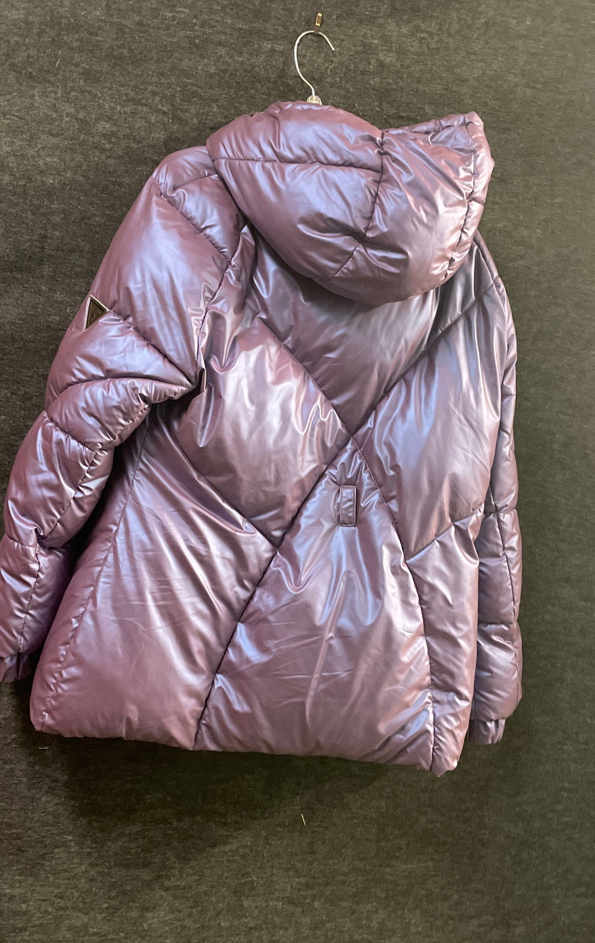 Guess Women's Purple Metallic Quilted Puffer Jacket Hooded Zip Up Sz L