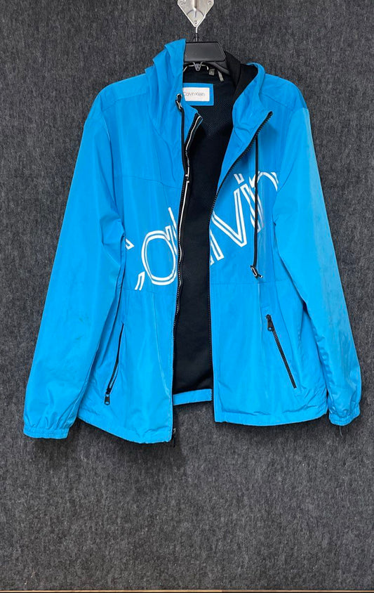 Calvin Klein Men's Blue Hooded Zip-Up Windbreaker Graphic Logo Size L