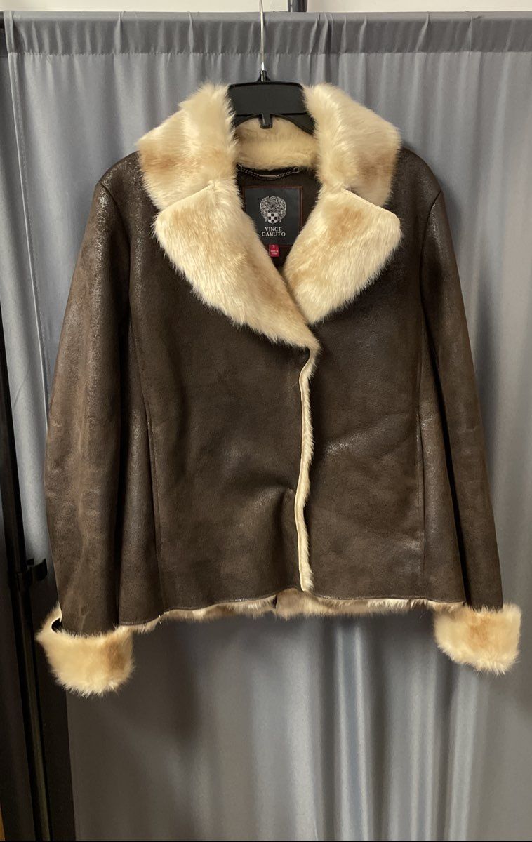 Vince Camuto Women's Brown Faux Suede Fur Trim Shearling Style Jacket Sz S