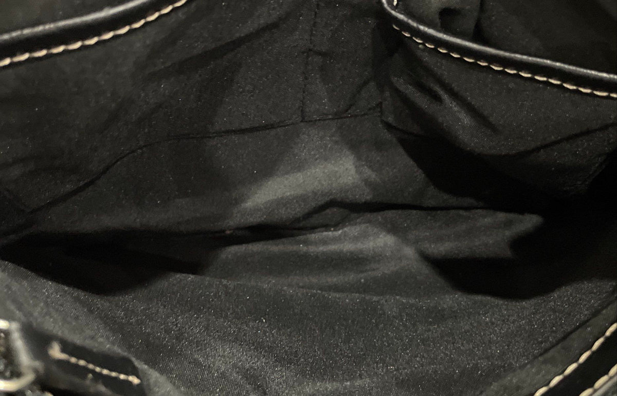 Black Leather Tote Shoulder Bag White Contrast Stitch Silver Hardware 13x10