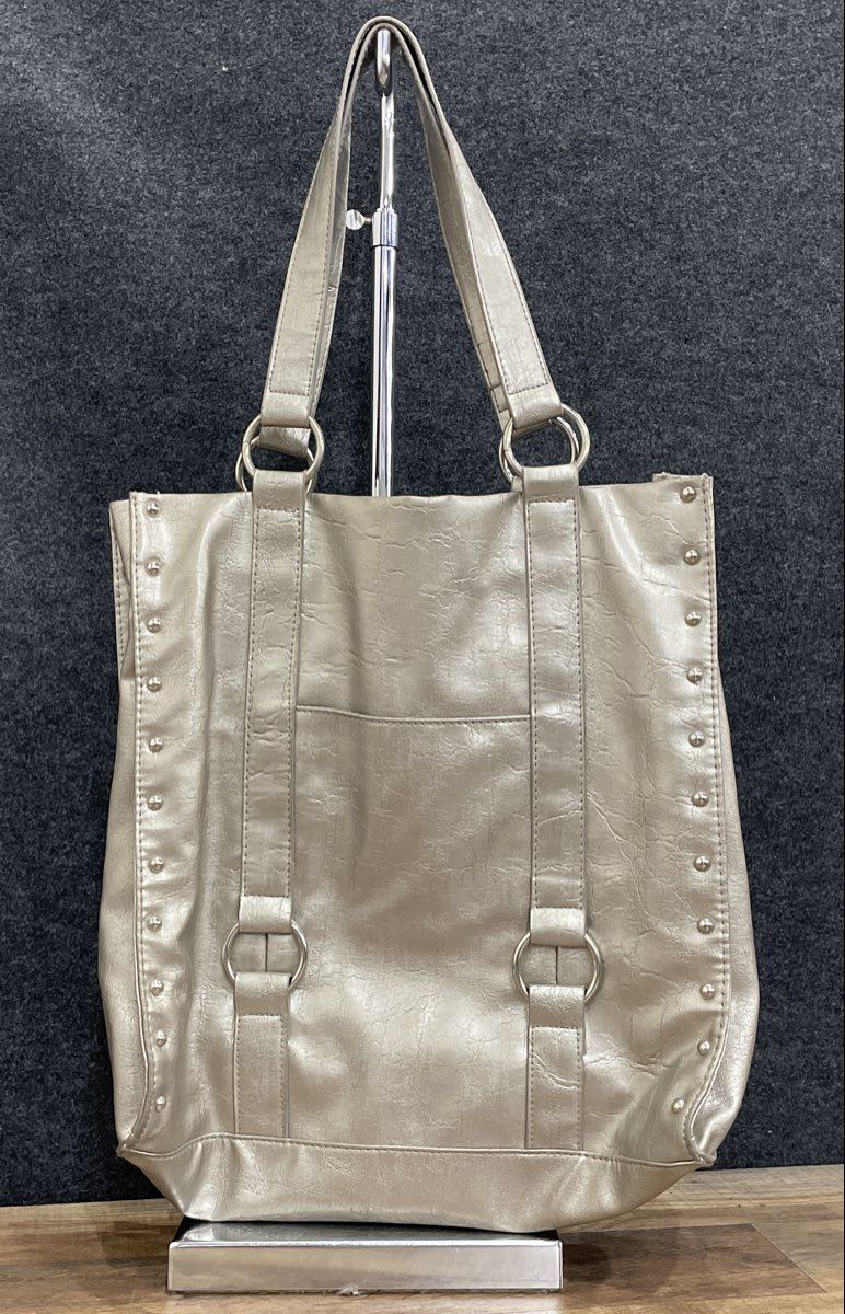 Metallic Grey Leather Studded Trim Shoulder Tote Bag Silver Tone Hardware