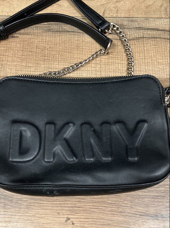 DKNY Black Embossed Logo Double Zip Crossbody Bag Gold Chain Strap Handbag