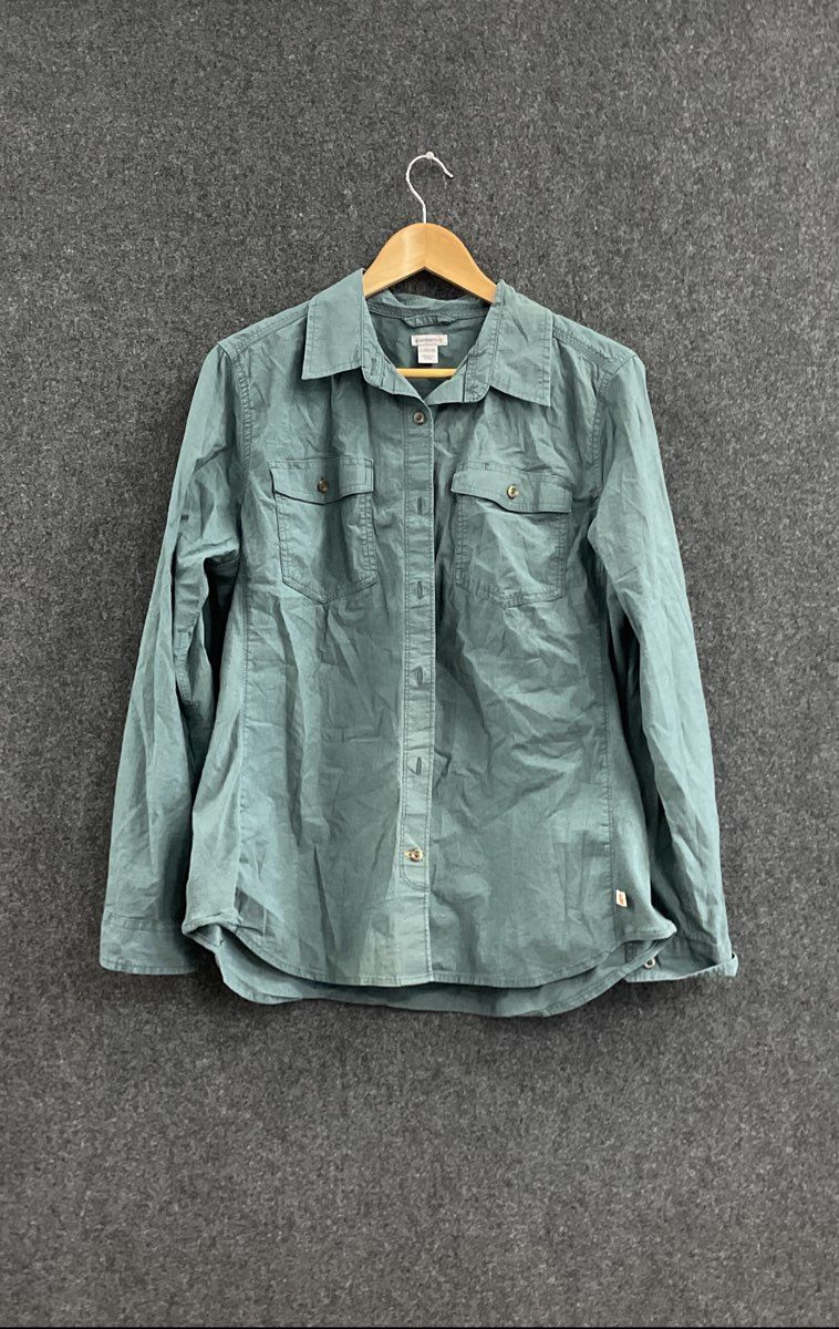 Carhartt Women's Sage Green Long Sleeve Roll Tab Button Down Shirt Size L 12/14