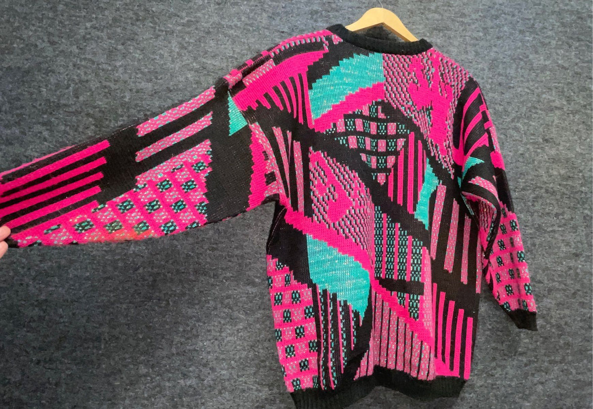 Vintage 80s Studio Graphics Women's Abstract Geometric Neon Knit Sweater Sz L