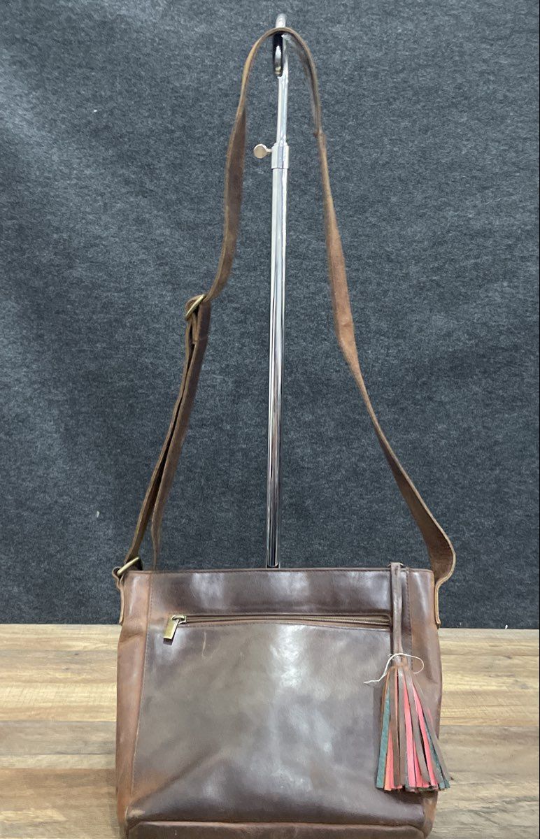 SERRV Brown Leather Crossbody Bag Adjustable Strap Multi-Color Tassel