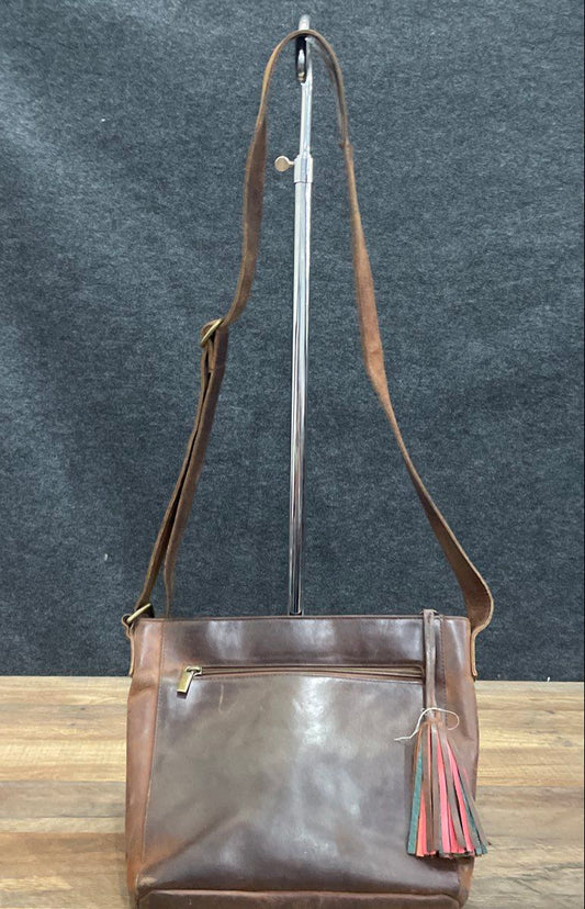SERRV Brown Leather Crossbody Bag Adjustable Strap Multi-Color Tassel