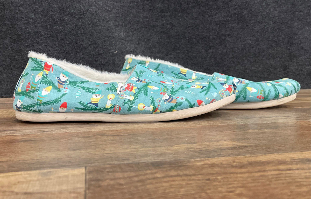 TOMS Alpargata Christmas Gnomes Blue Faux Fur Lined Slip On Women's Size 9.5