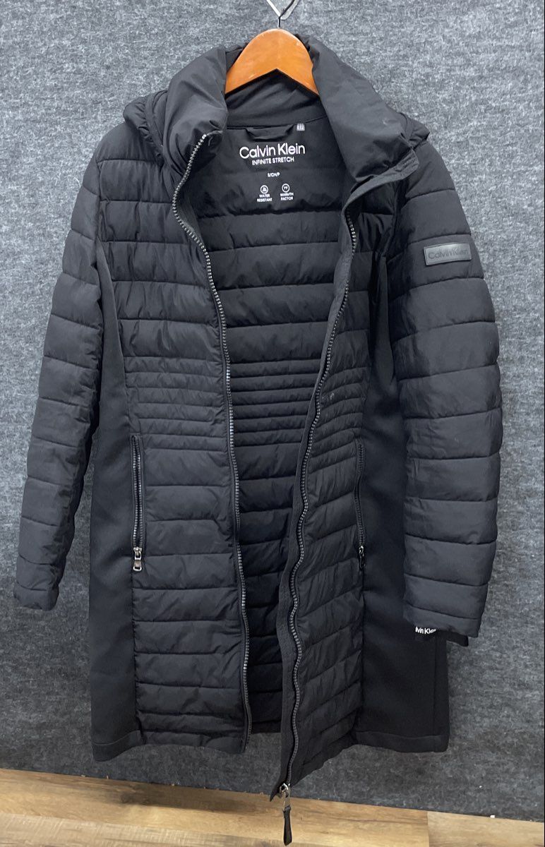 Calvin Klein Women's Black Infinite Stretch Puffer Coat Hooded Sorona Aura Sz S