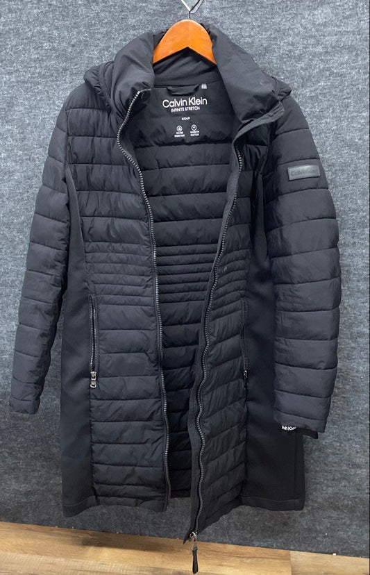 Calvin Klein Women's Black Infinite Stretch Puffer Coat Hooded Sorona Aura Sz S