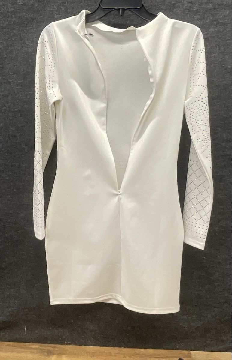 Meor Women's White Long Sleeve Metallic Studded Mock Neck Mini Dress Sz S