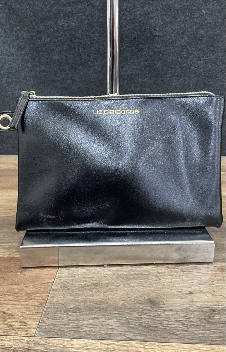 Liz Claiborne Black Large Zipper Pouch Clutch Bag Gold Logo