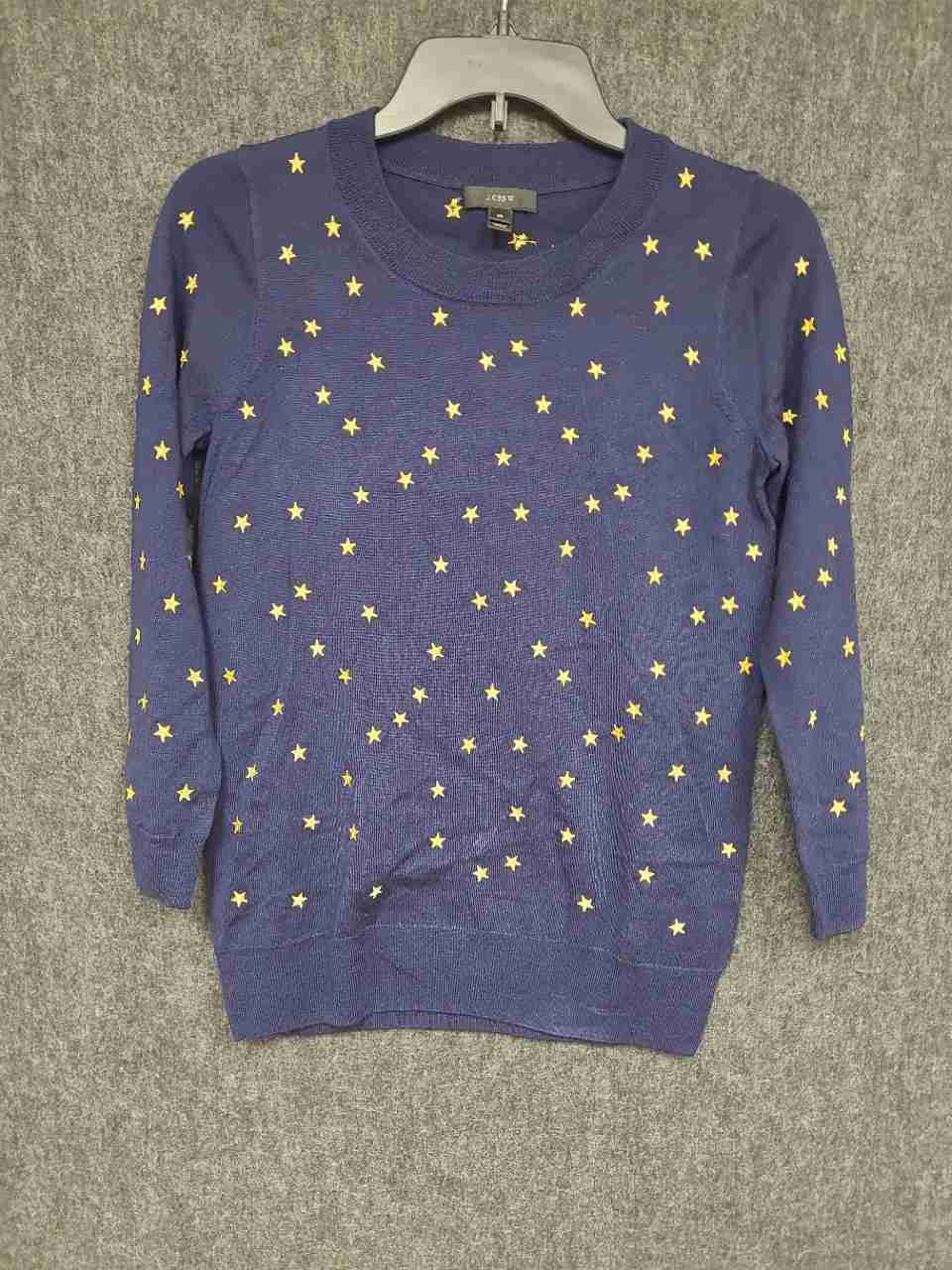 J. Crew Women's Navy Blue Star Embroidered Merino Wool Crewneck Sweater Sz XS