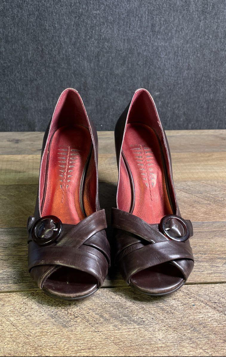 Bronx Rita Brown Leather Open Toe Chunky Heel Pumps Women's Size 37