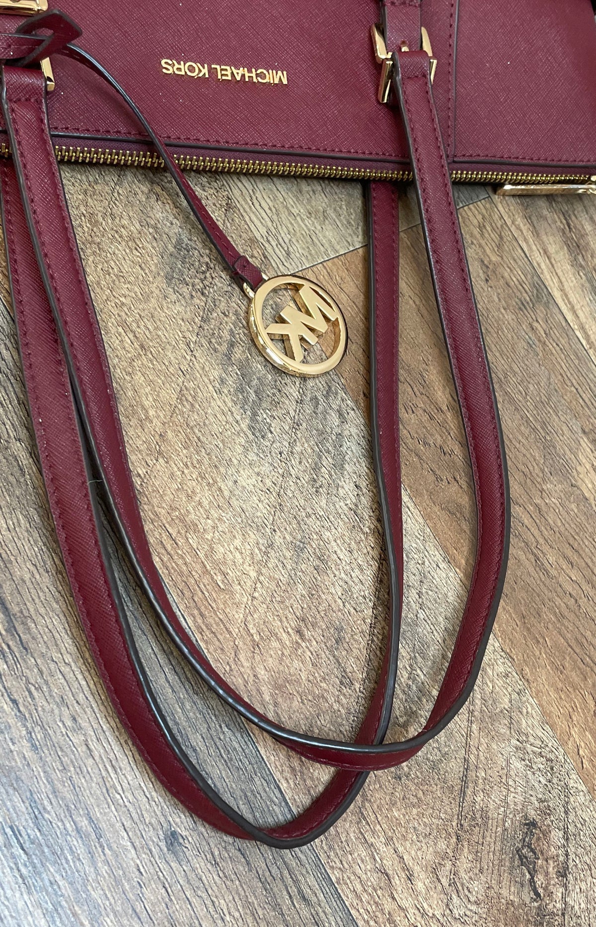 Michael Kors Burgundy Charlotte Saffiano Leather Top Zip Tote Gold Hardware
