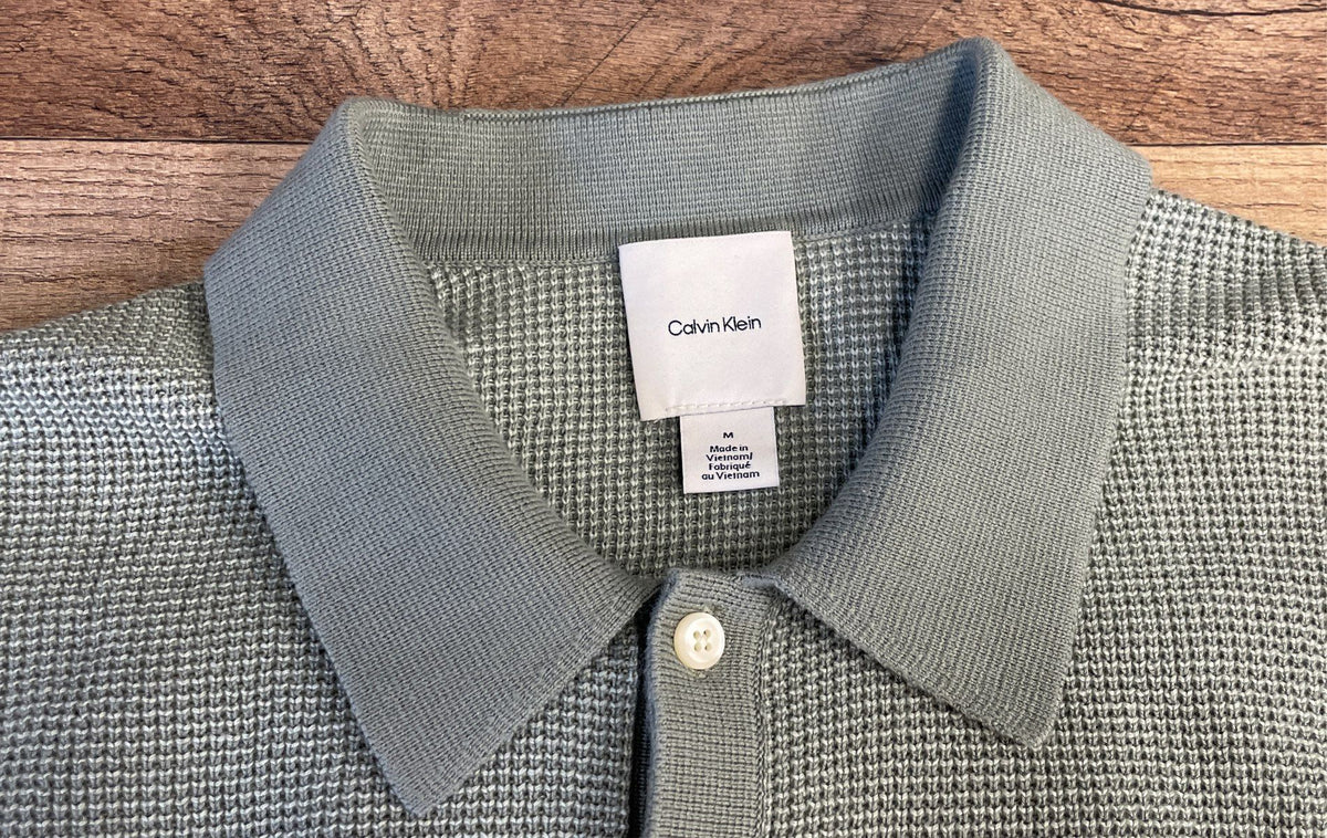 Calvin Klein Men's Sage Green Waffle Knit Cotton Short Sleeve Polo Shirt Sz M