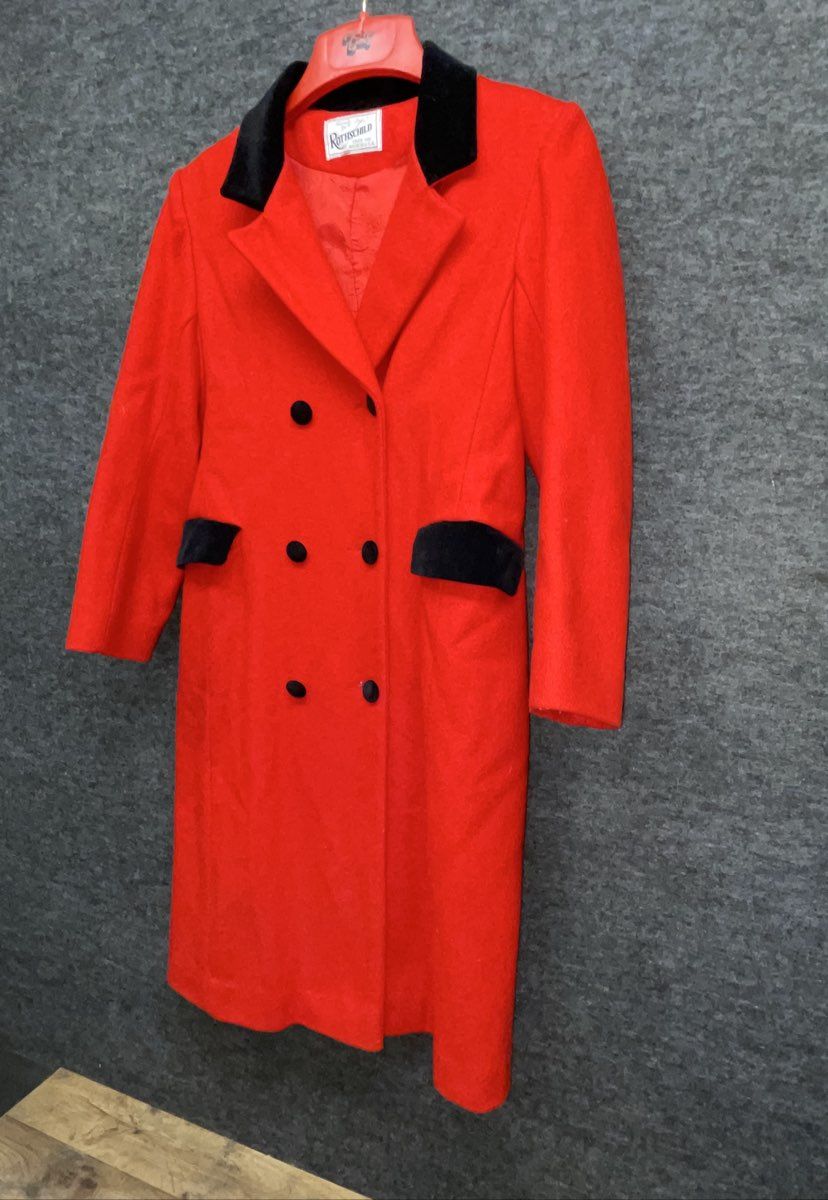 Vintage 90s Rothschild Girls Red Peacoat Velvet Trim Dress Coat Made in USA