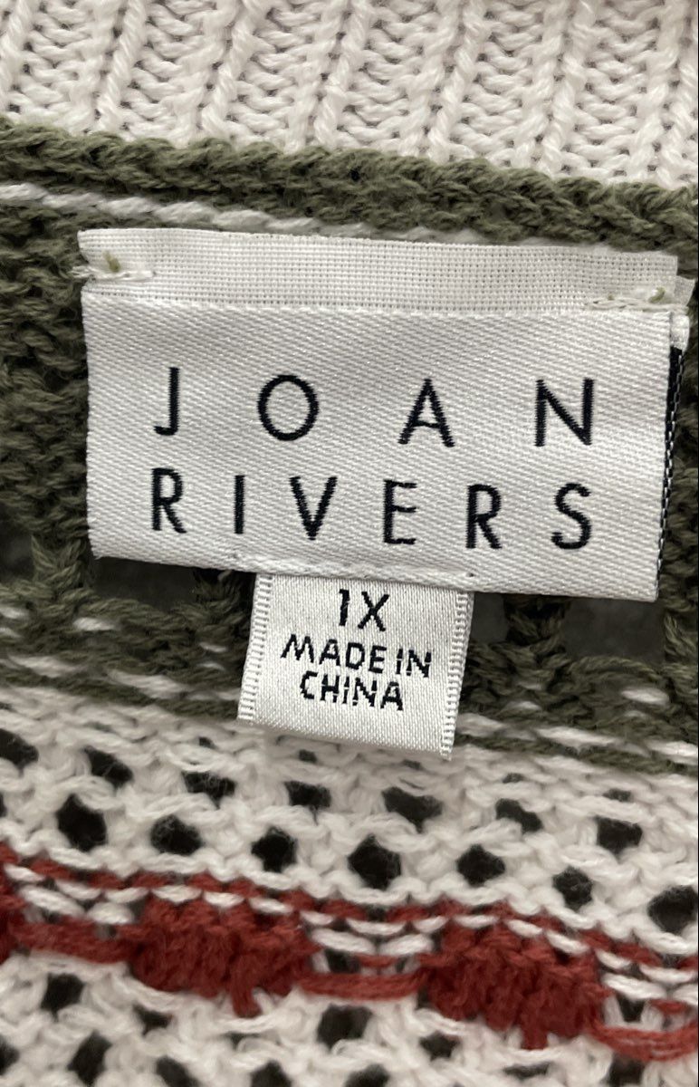 Joan Rivers Women's Open Knit Cotton Sweater Green White Striped Sz 1X