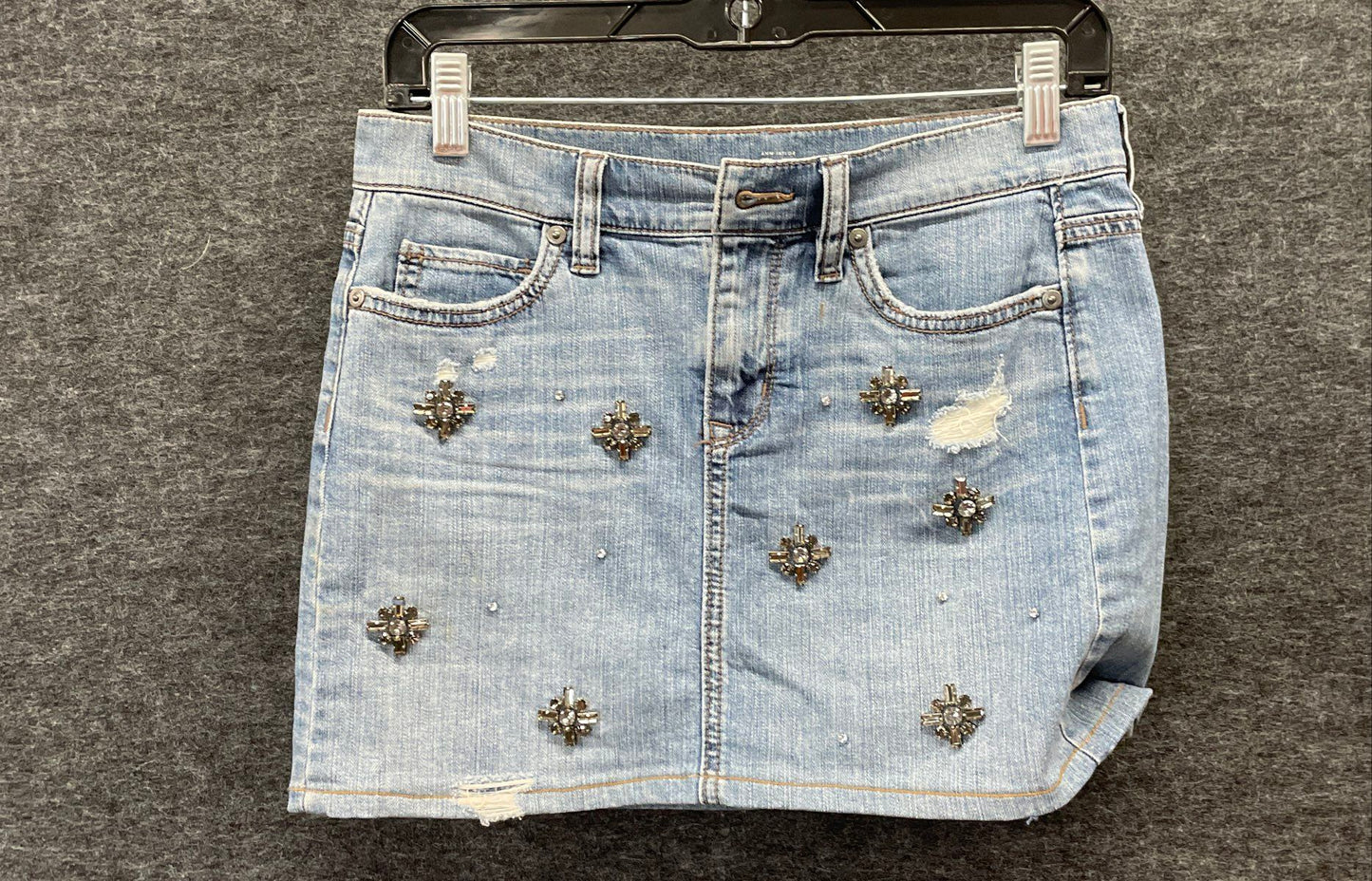 Loft Women's Blue Denim Mini Skirt Crystal Beaded Distressed Sz 00