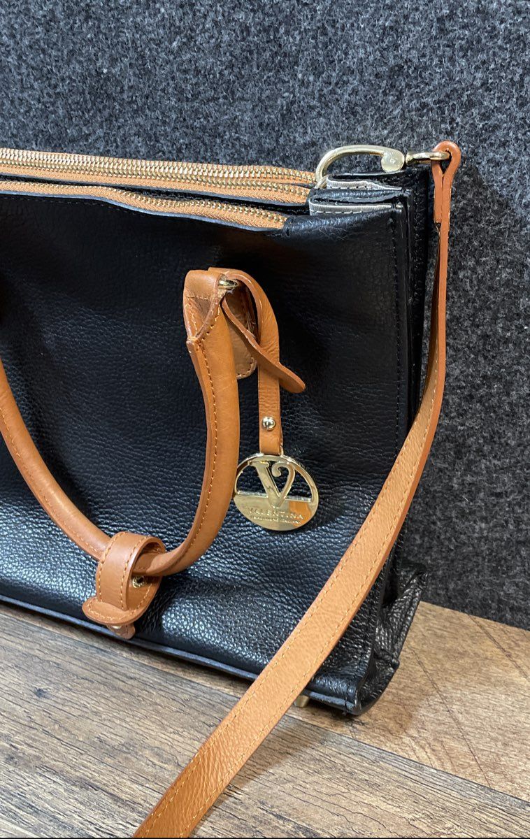 Valentina Black Leather Satchel Crossbody Bag Made in Italy Gold Hardware