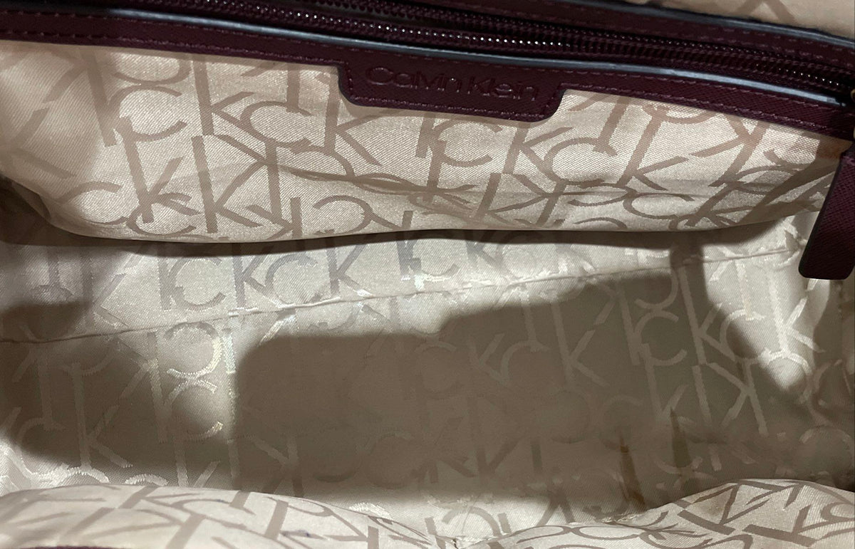 Calvin Klein Cream Maroon Leather Monogram Satchel Purse Crossbody Bag Gold Tone