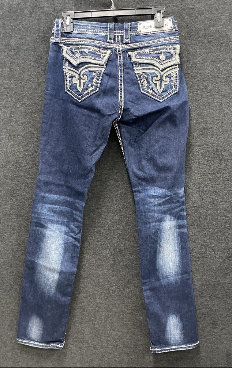 Rock Revival Women's Kai Easy Skinny Jeans Dark Wash Distressed Thick Stitch 28