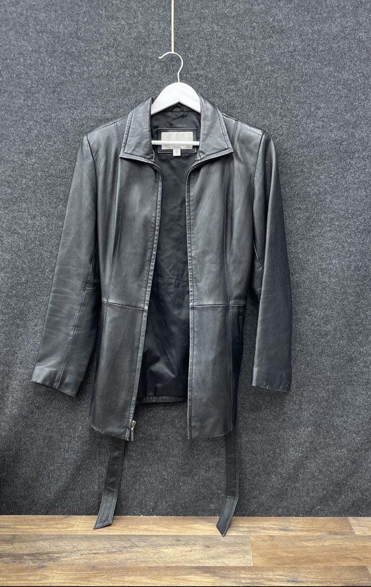 Nine West Women's Black Leather Belted Zip Up Collared Jacket Sz S