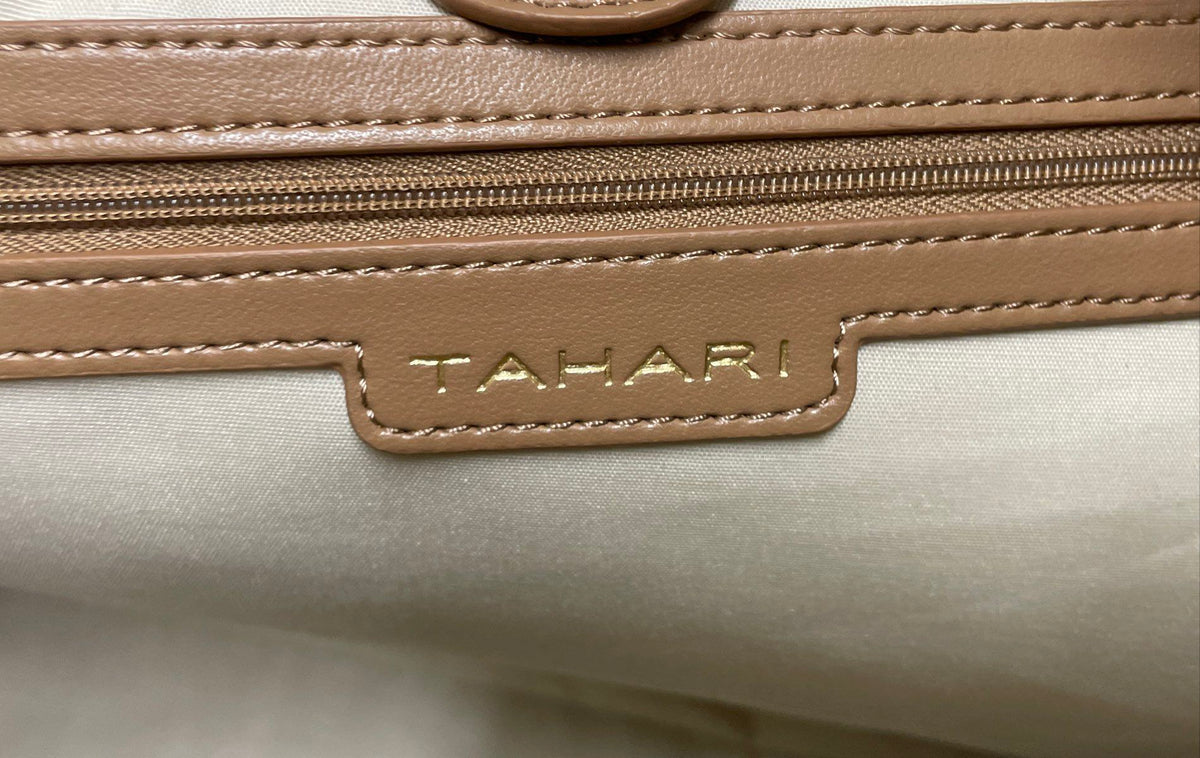 Tahari White Canvas and Tan Leather Trim Travel Tote Handbag Large Embossed Logo