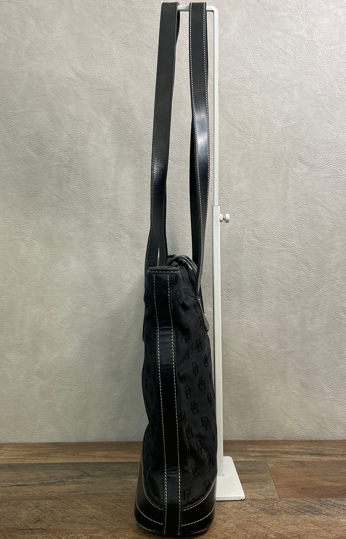 Vintage Dooney & Bourke Black Monogram Fabric Leather Tote Bag Silver Hardware