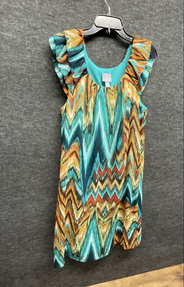 Rabbit Rabbit Designs Women's Multicolor Chevron Ikat Ruffle Cap Sleeve Dress 12