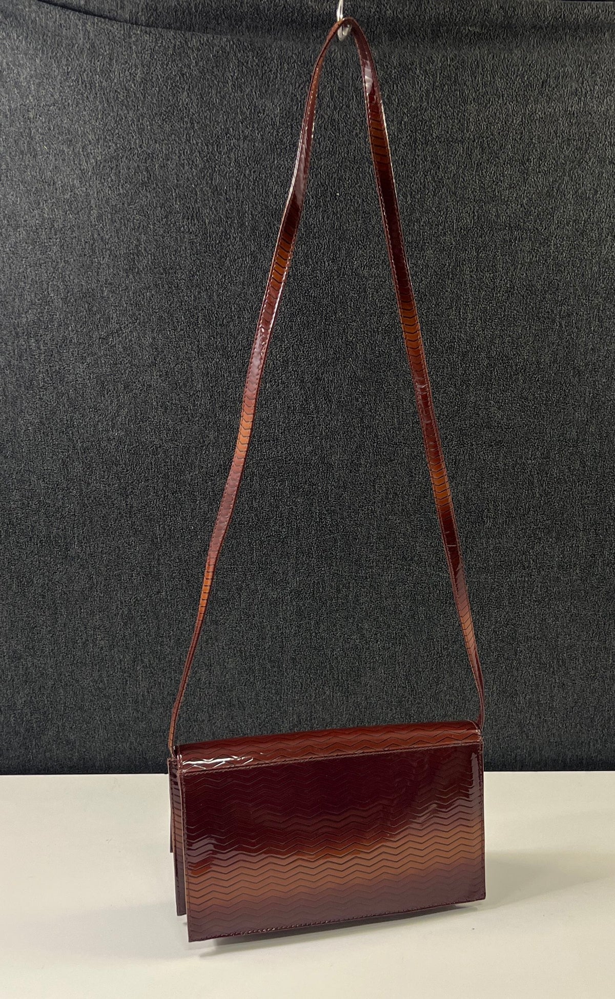 Vintage Brown Ombre Zigzag Embossed Patent Shoulder Bag Rectangular Purse
