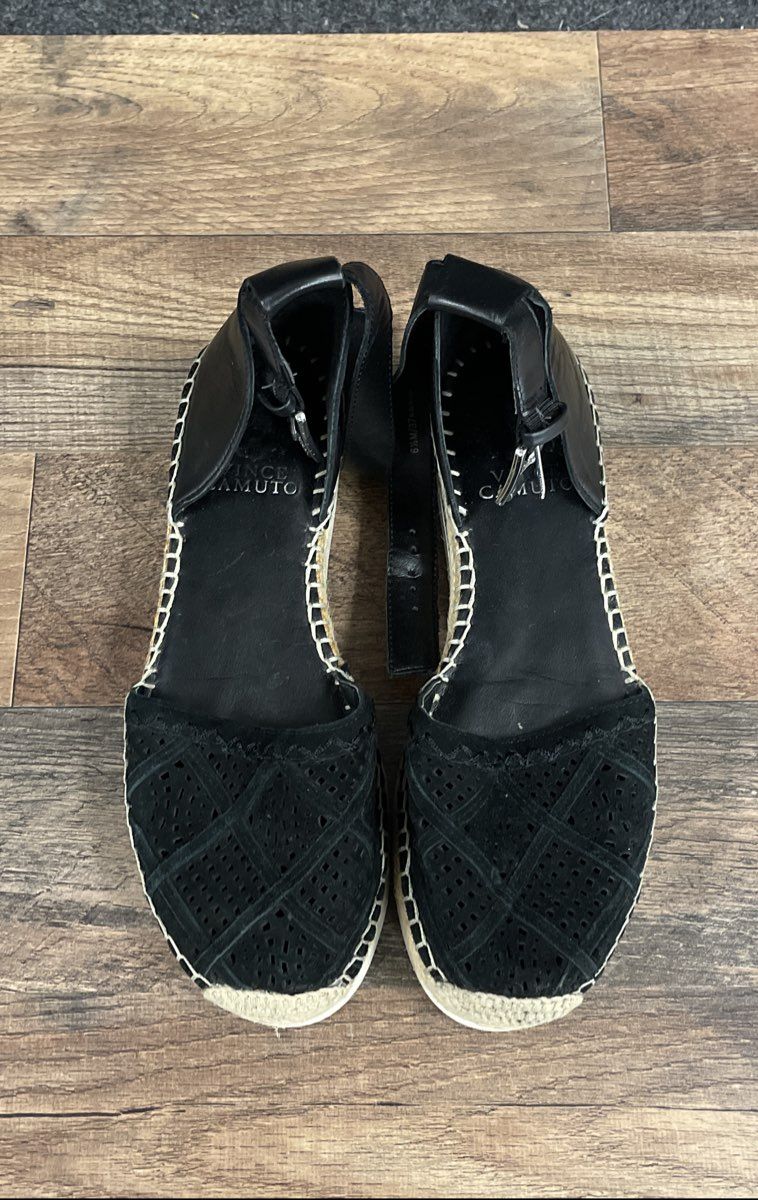 Vince Camuto Black Suede Laser Cut Platform Espadrille Sandals Size 6.5