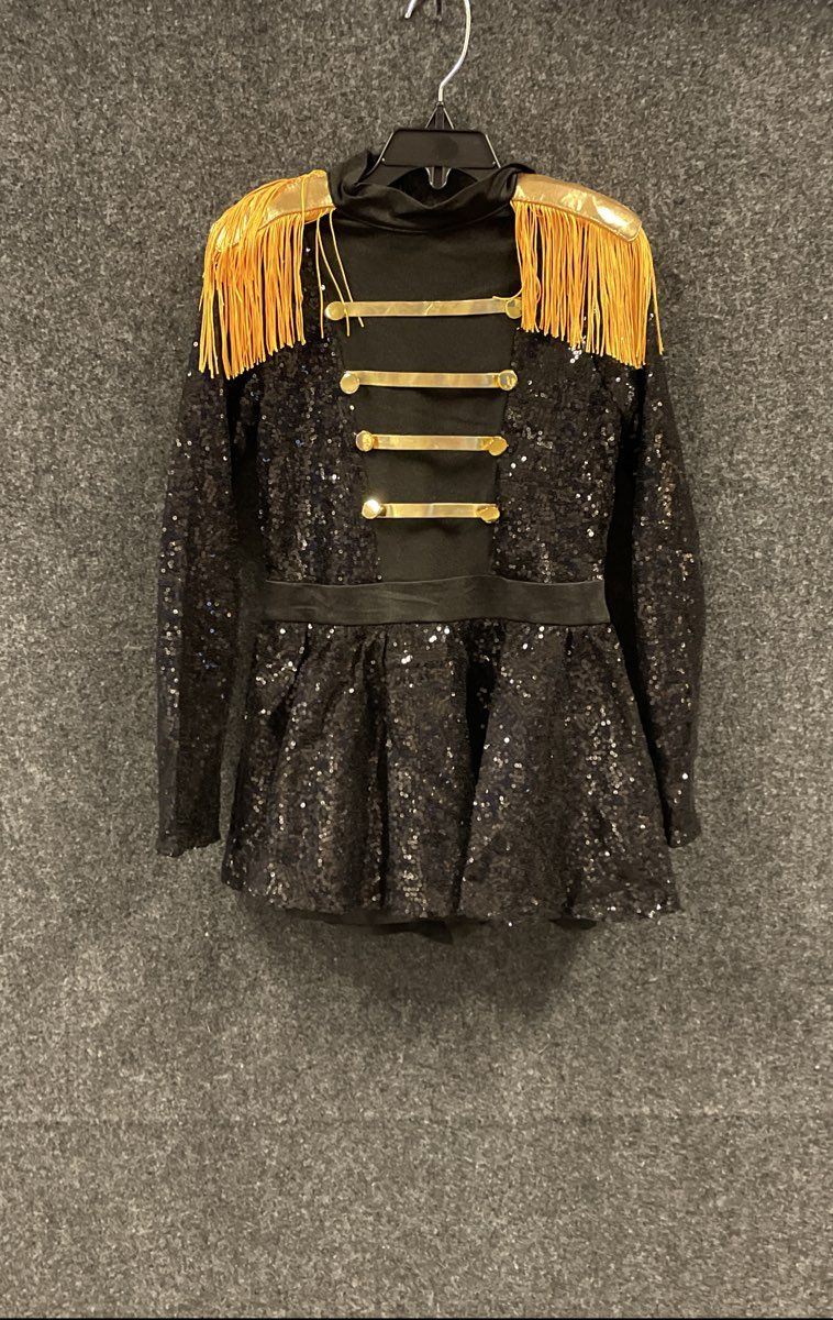 iEFIEL Women's Black Sequin Ringmaster Dance Leotard Costume Fringe Gold NWT