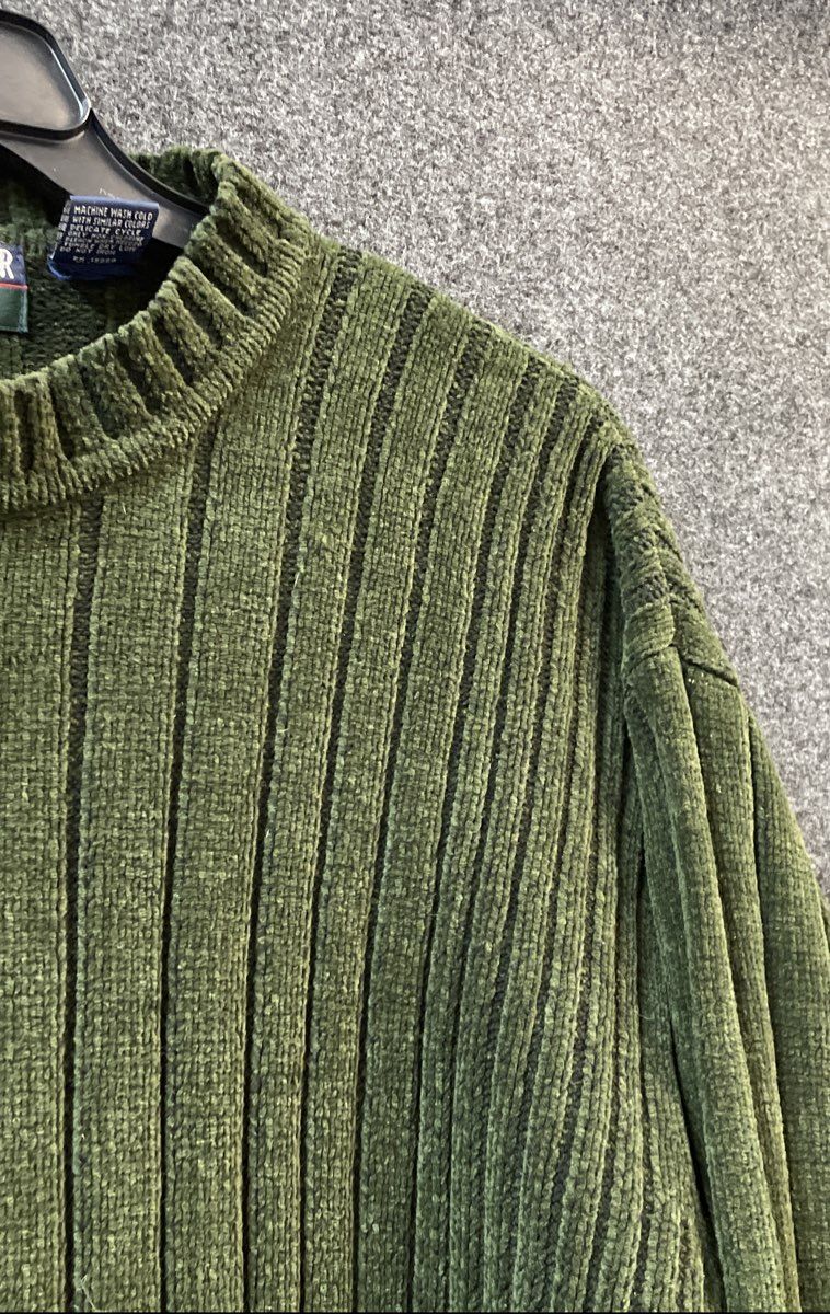 Vintage 90s Trader Bay Men's Green Chenille Ribbed Crewneck Sweater Size L