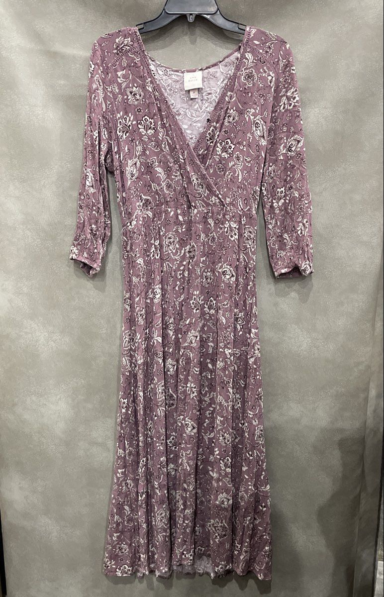 Knox Rose Women's Mauve Floral Paisley Wrap Bodice Long Sleeve Midi Dress Sz M