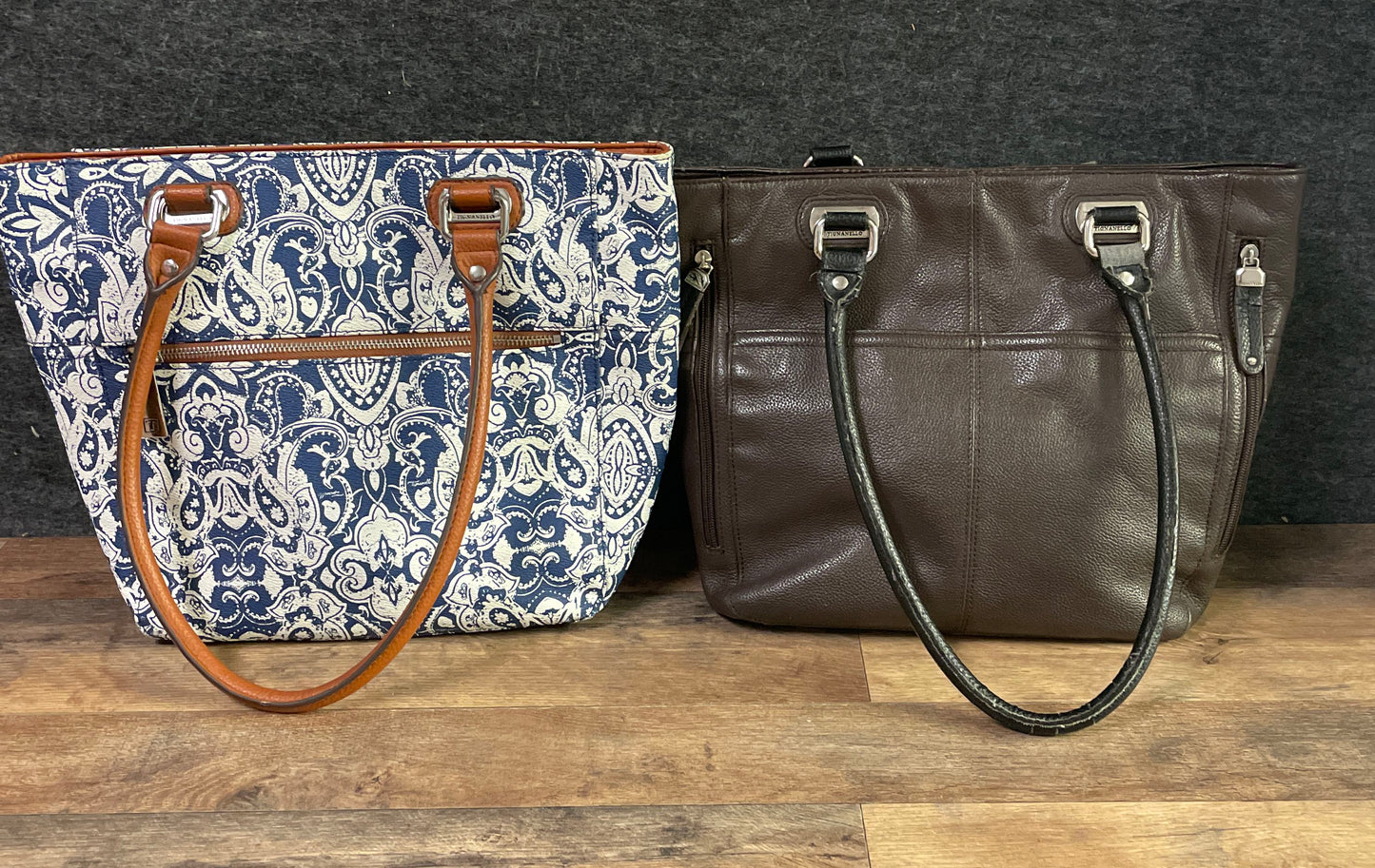 Tignanello Tote Handbag Lot of 2 Blue Paisley Brown Leather Silver Hardware
