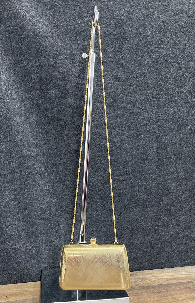 Sasha Vintage Gold Quilted Metal Minaudiere Evening Bag Clutch Rhinestone Clasp
