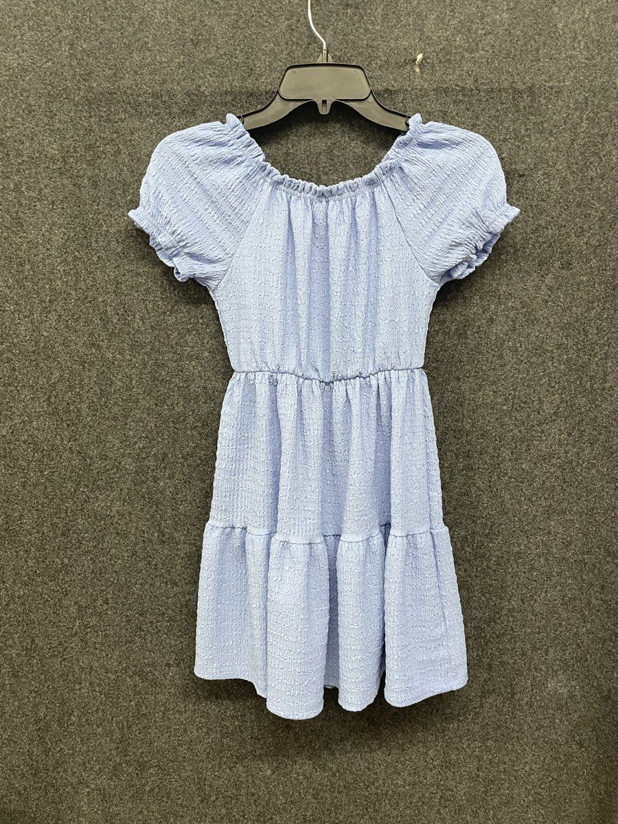 Heart and Arrow Girl's Periwinkle Blue Crinkled Tiered Puff Sleeve Dress Sz 10