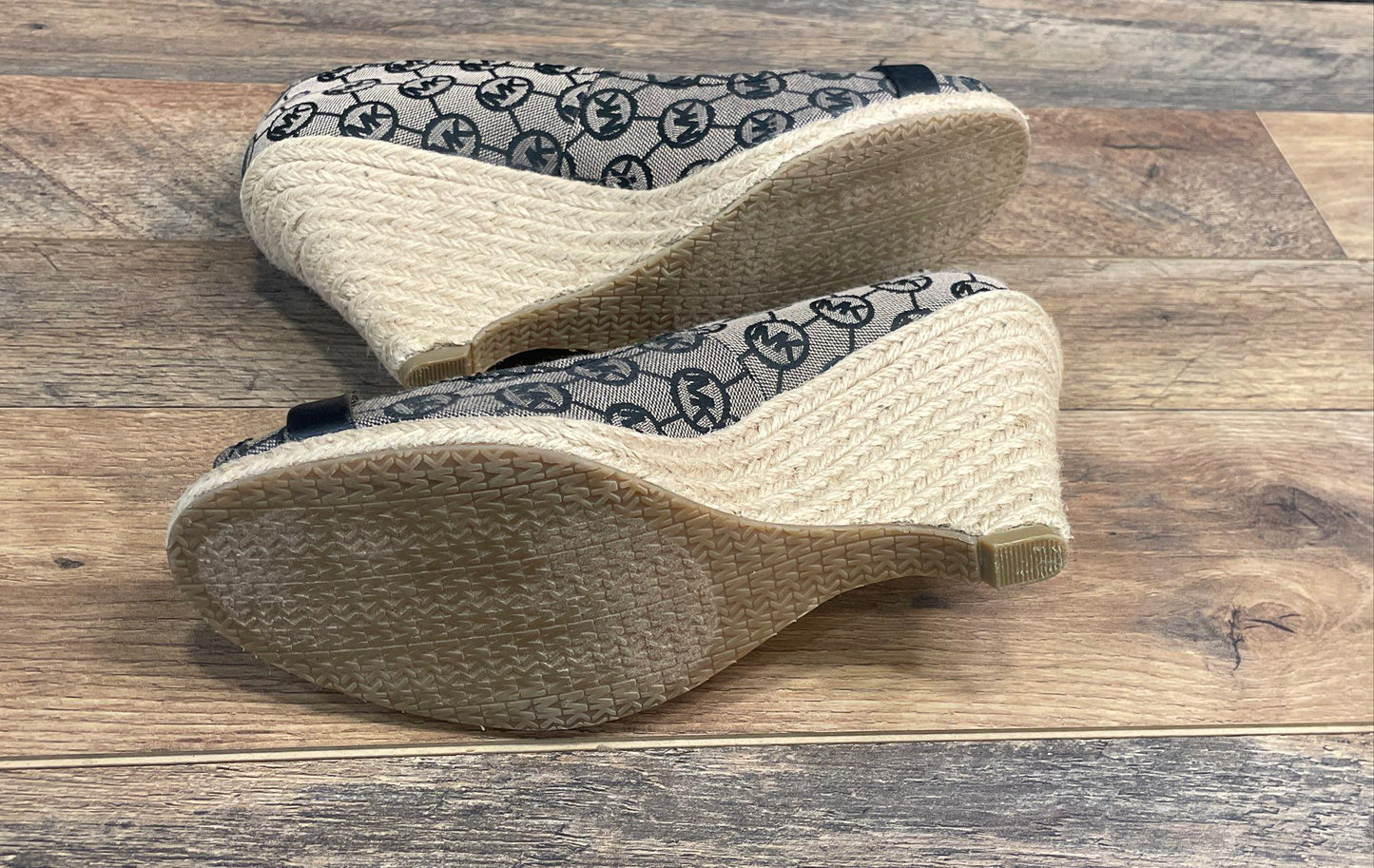 Michael Kors Black Beige Monogram Logo Canvas Peep Toe Wedge Pumps Size 9